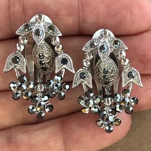 Black Rhinestone Silver Clip On Earrings